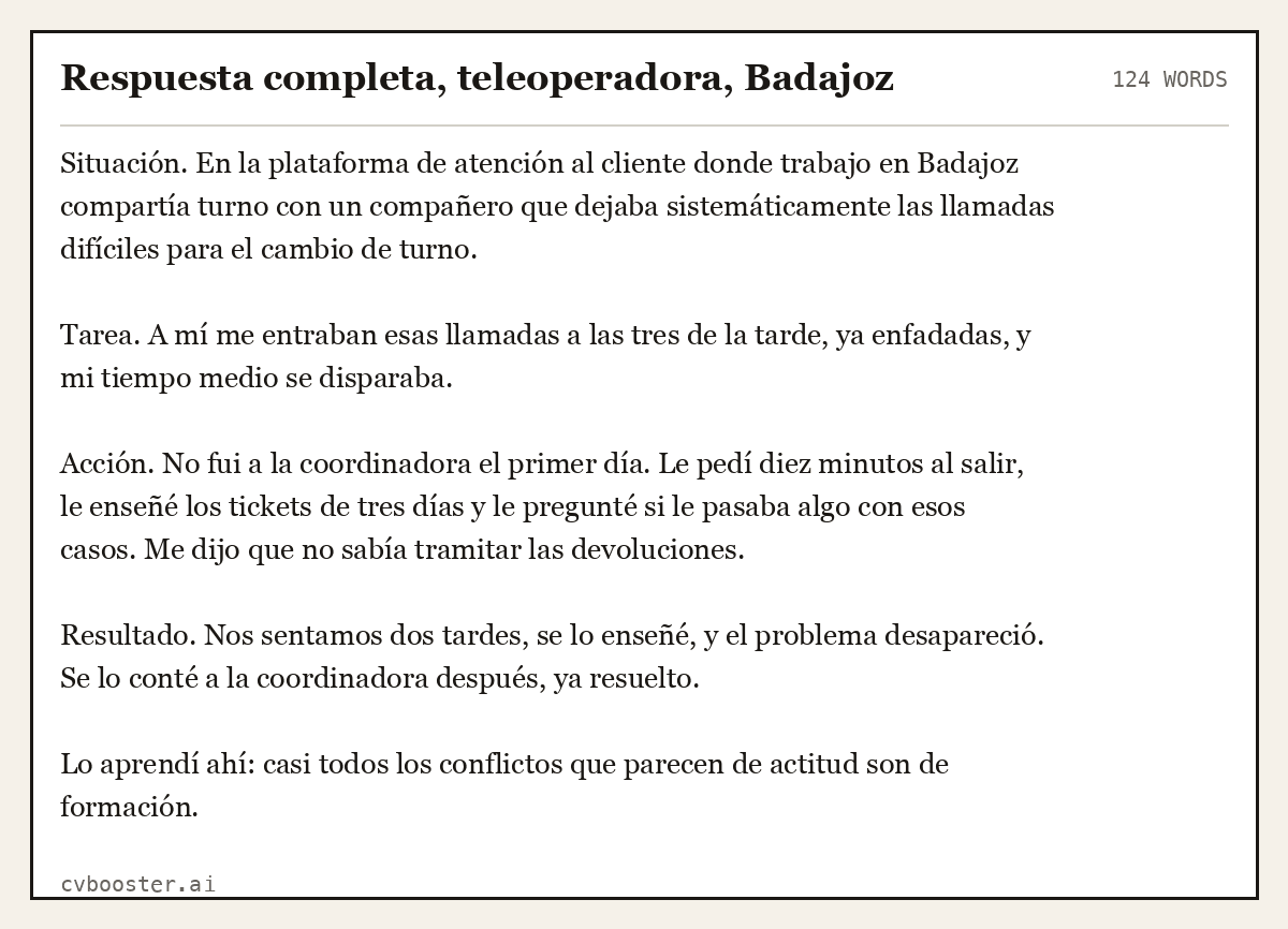 Ejemplo completo: Respuesta completa, teleoperadora, Badajoz, 124 palabras