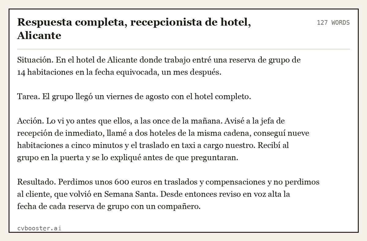 Ejemplo completo: Respuesta completa, recepcionista de hotel, Alicante, 127 palabras