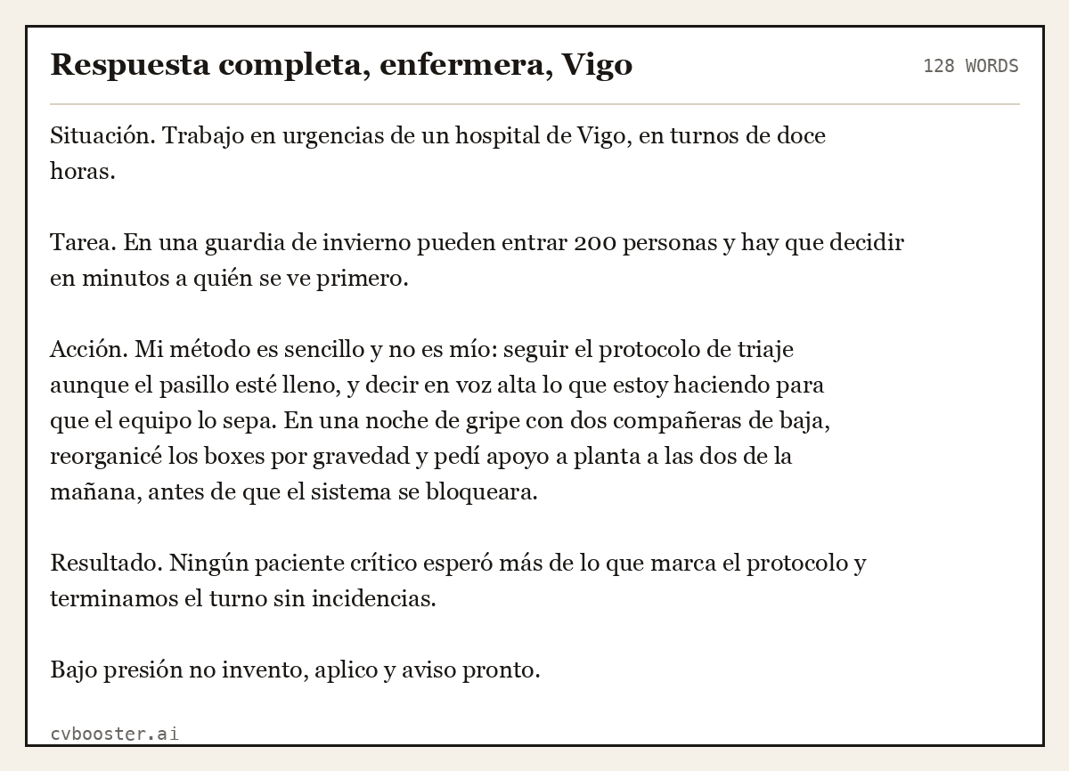 Ejemplo completo: Respuesta completa, enfermera, Vigo, 128 palabras