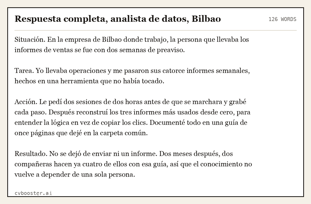 Ejemplo completo: Respuesta completa, analista de datos, Bilbao, 126 palabras
