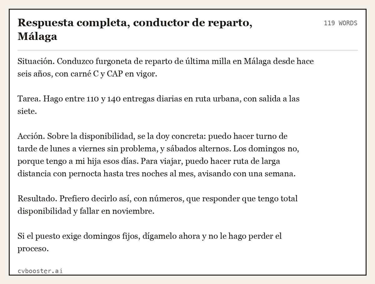 Ejemplo completo: Respuesta completa, conductor de reparto, Málaga, 119 palabras