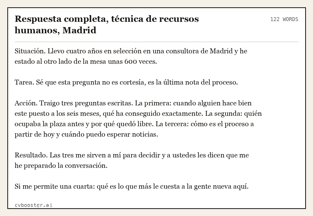 Ejemplo completo: Respuesta completa, técnica de recursos humanos, Madrid, 122 palabras