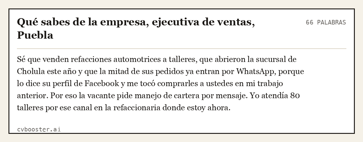 Ejemplo completo: Qué sabes de la empresa, ejecutiva de ventas, Puebla, 66 palabras