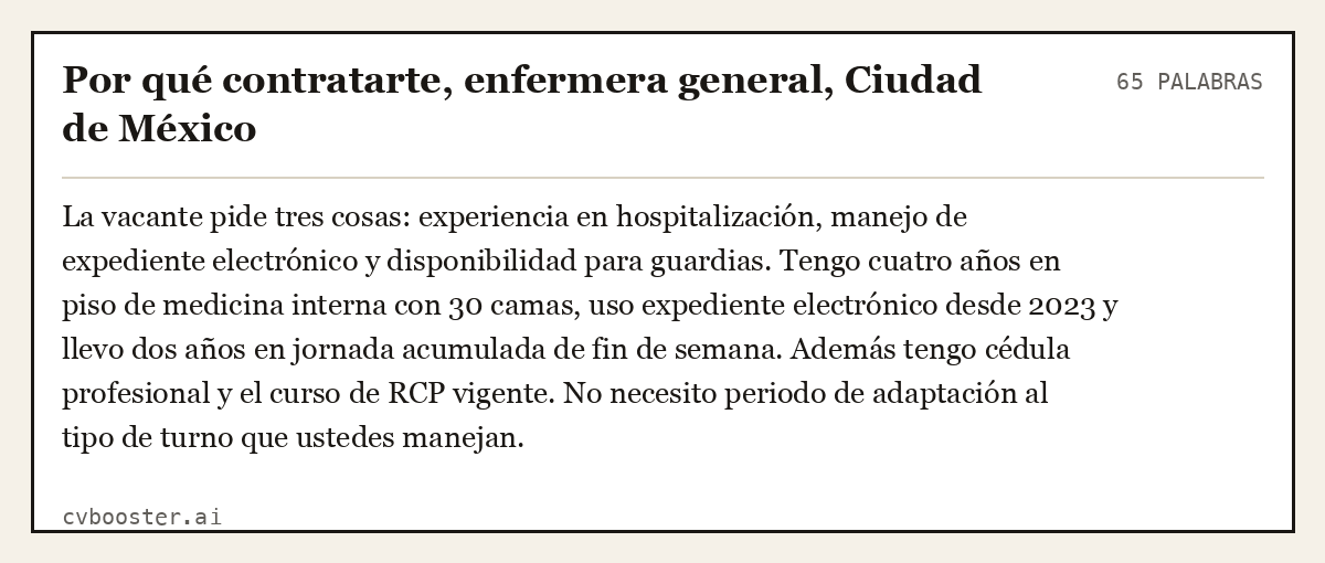 Ejemplo completo: Por qué contratarte, enfermera general, Ciudad de México, 65 palabras