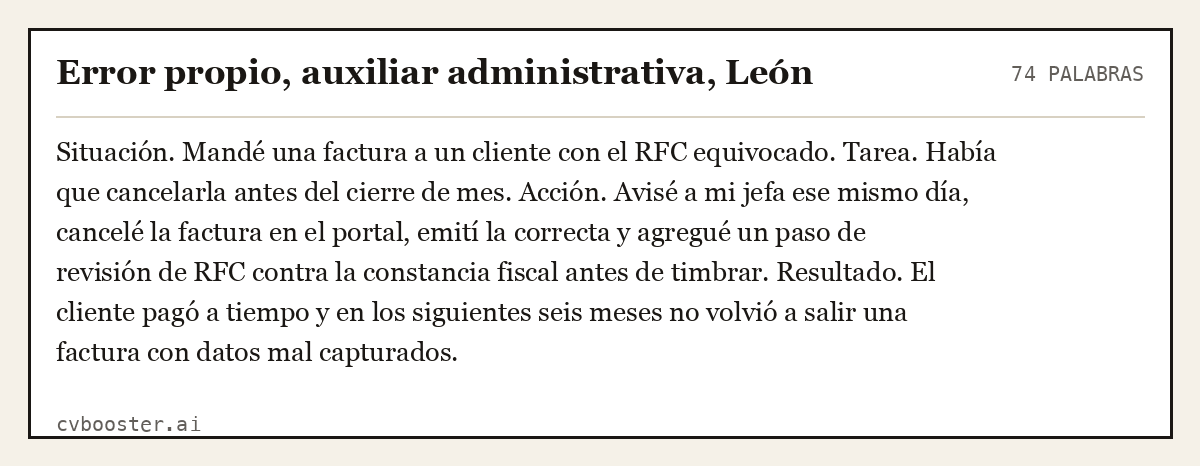 Ejemplo completo: Error propio, auxiliar administrativa, León, 74 palabras