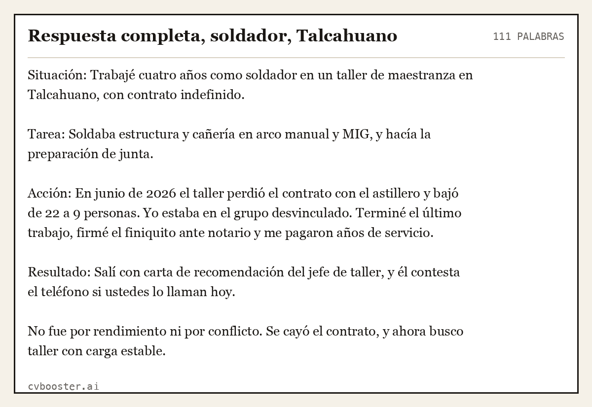 Ejemplo completo: Respuesta completa, soldador, Talcahuano, 111 palabras