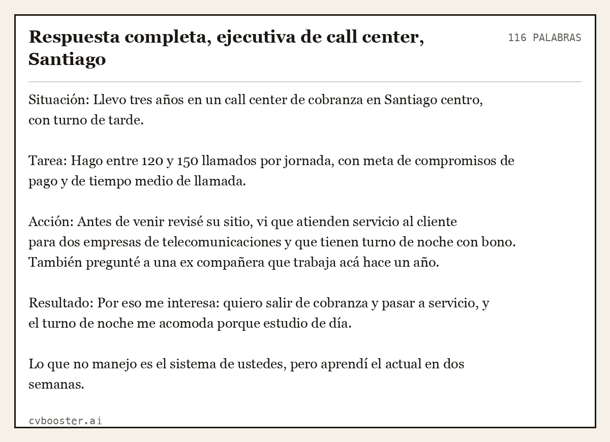 Ejemplo completo: Respuesta completa, ejecutiva de call center, Santiago, 116 palabras