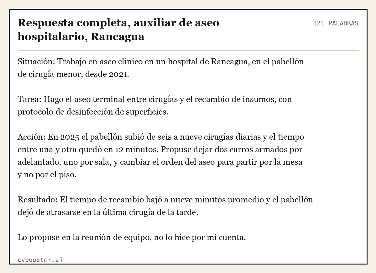 Ejemplo completo: Respuesta completa, auxiliar de aseo hospitalario, Rancagua, 121 palabras