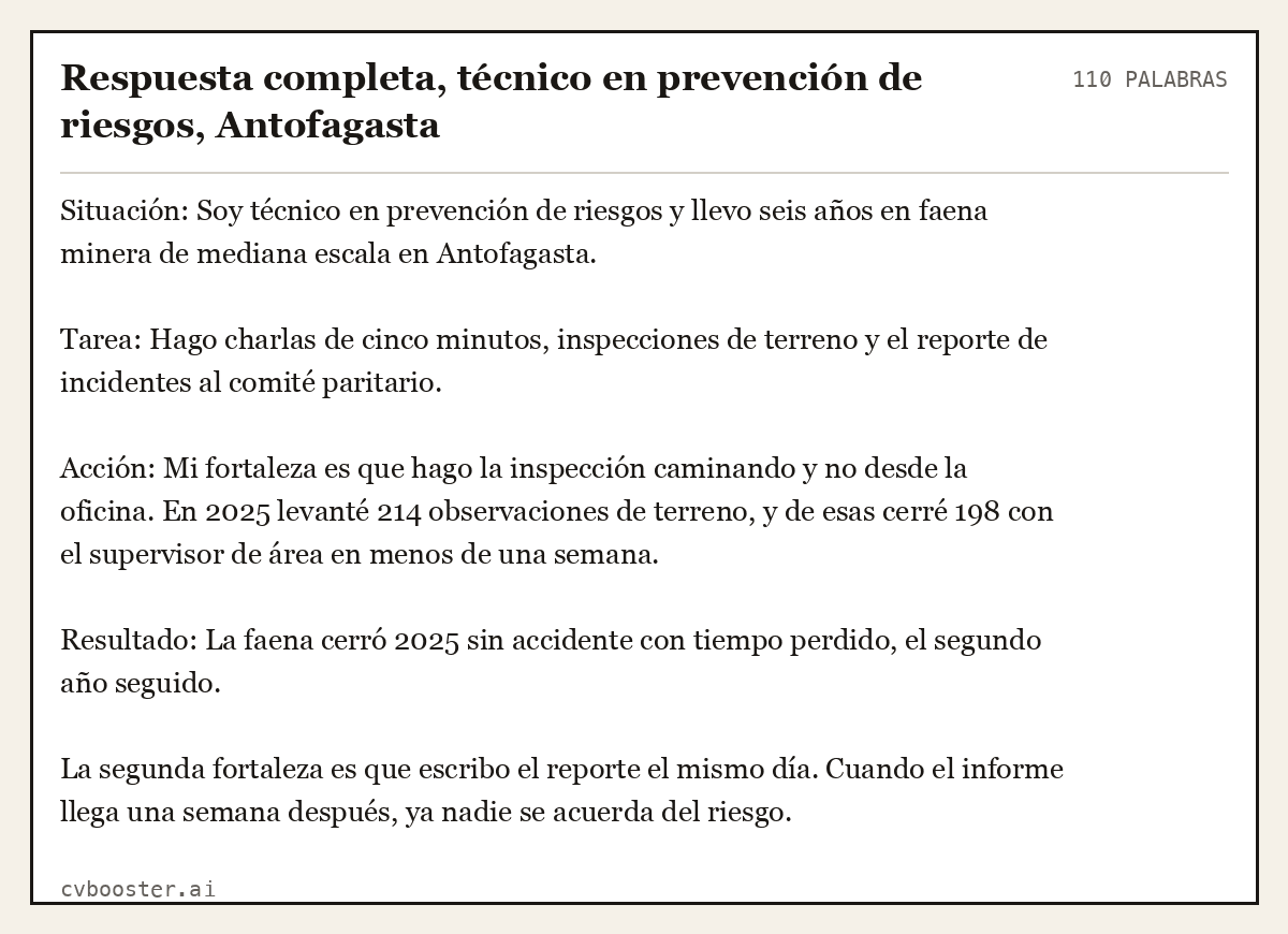 Ejemplo completo: Respuesta completa, técnico en prevención de riesgos, Antofagasta, 110 palabras