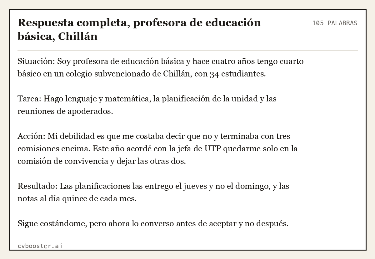 Ejemplo completo: Respuesta completa, profesora de educación básica, Chillán, 105 palabras