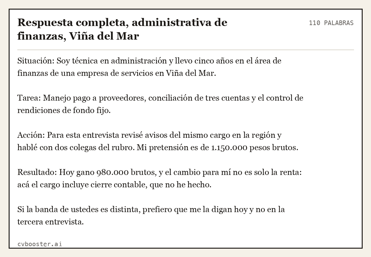 Ejemplo completo: Respuesta completa, administrativa de finanzas, Viña del Mar, 110 palabras