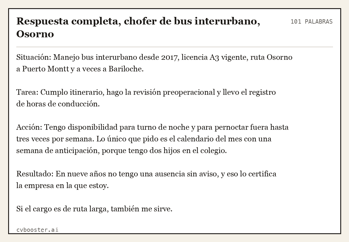 Ejemplo completo: Respuesta completa, chofer de bus interurbano, Osorno, 101 palabras
