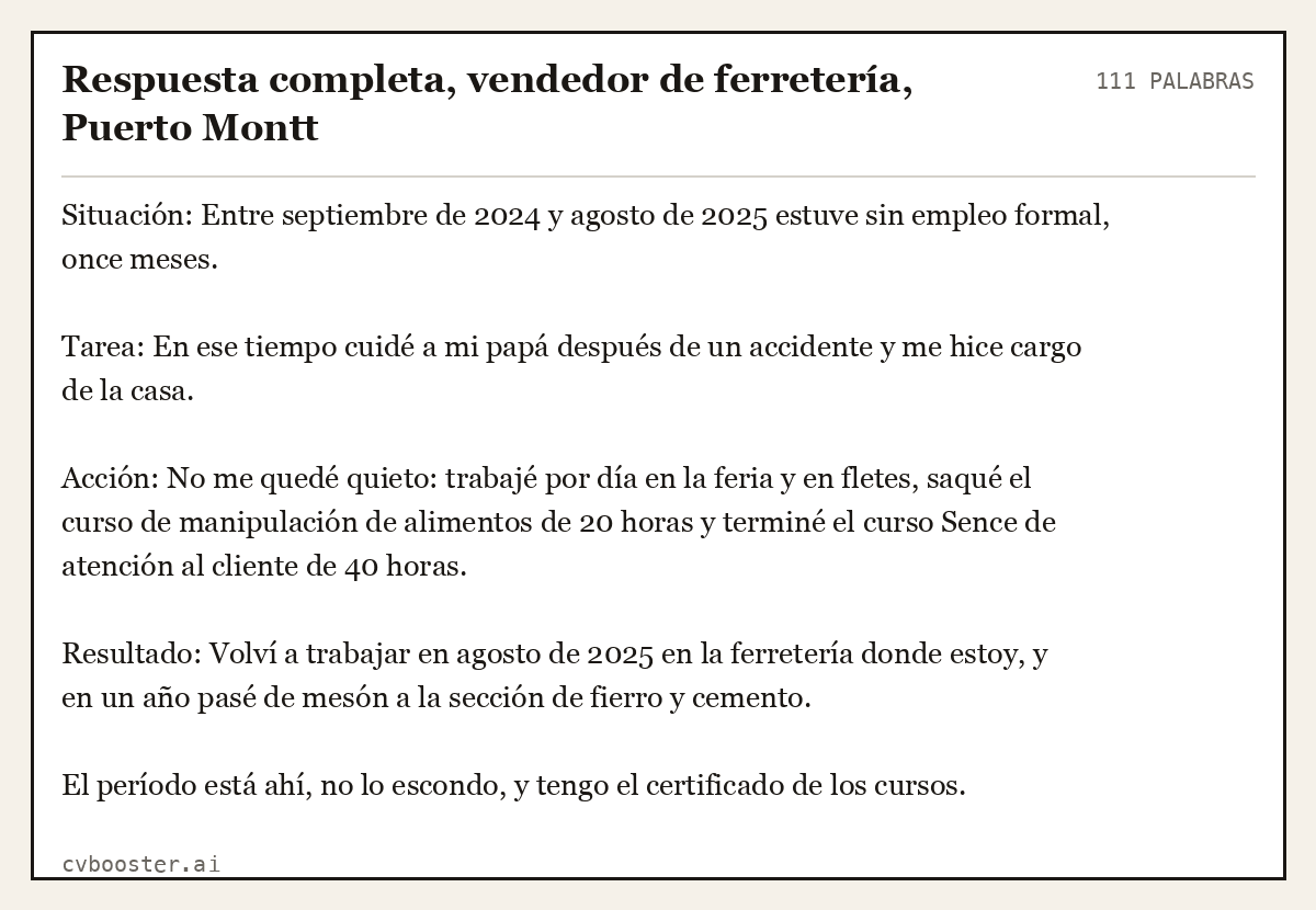 Ejemplo completo: Respuesta completa, vendedor de ferretería, Puerto Montt, 111 palabras
