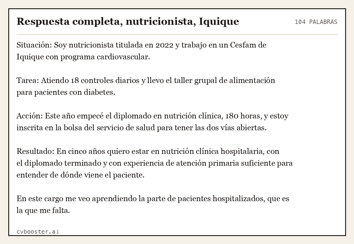 Ejemplo completo: Respuesta completa, nutricionista, Iquique, 104 palabras