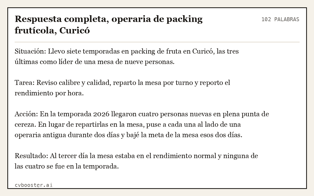 Ejemplo completo: Respuesta completa, operaria de packing frutícola, Curicó, 102 palabras