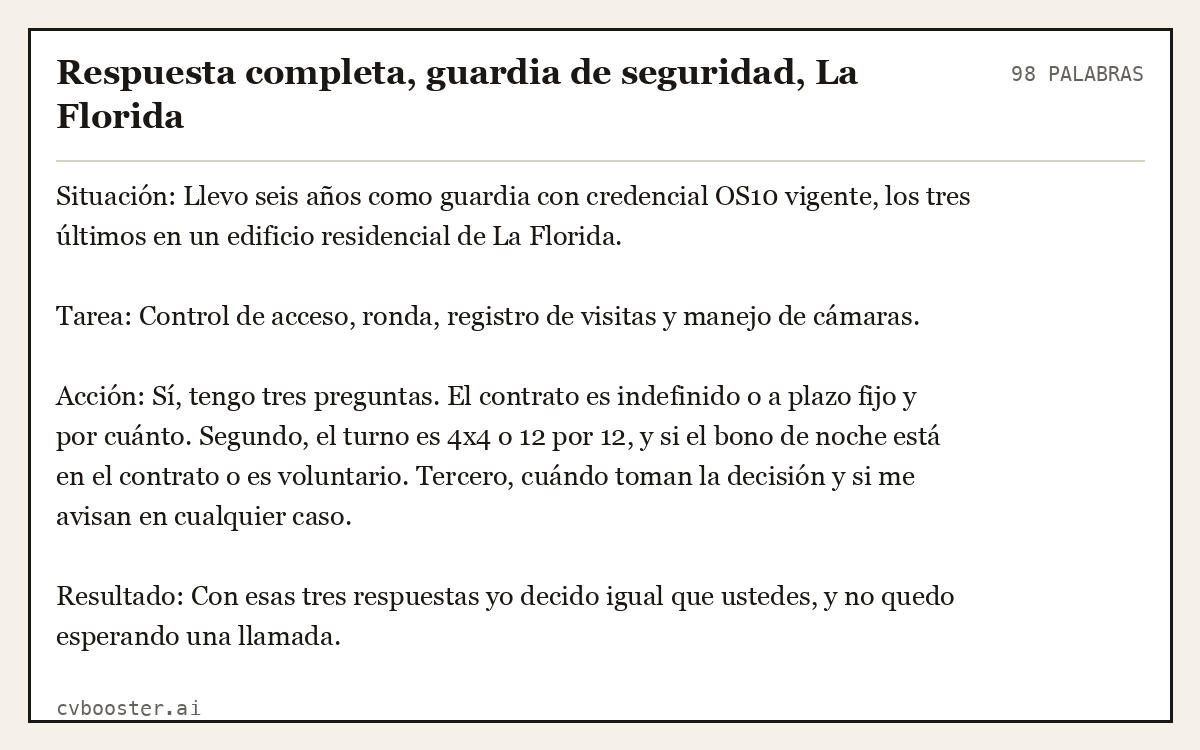 Ejemplo completo: Respuesta completa, guardia de seguridad, La Florida, 98 palabras