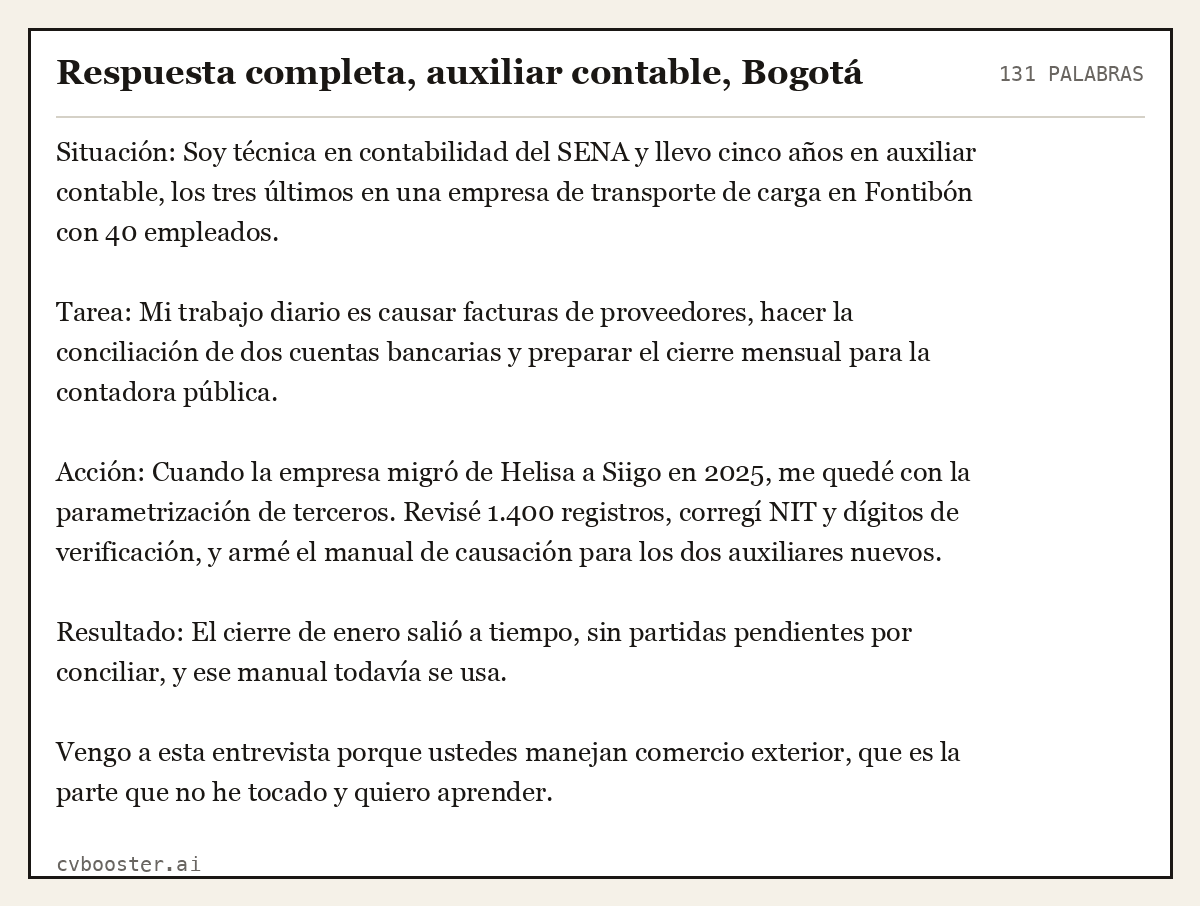 Ejemplo completo: Respuesta completa, auxiliar contable, Bogotá, 131 palabras