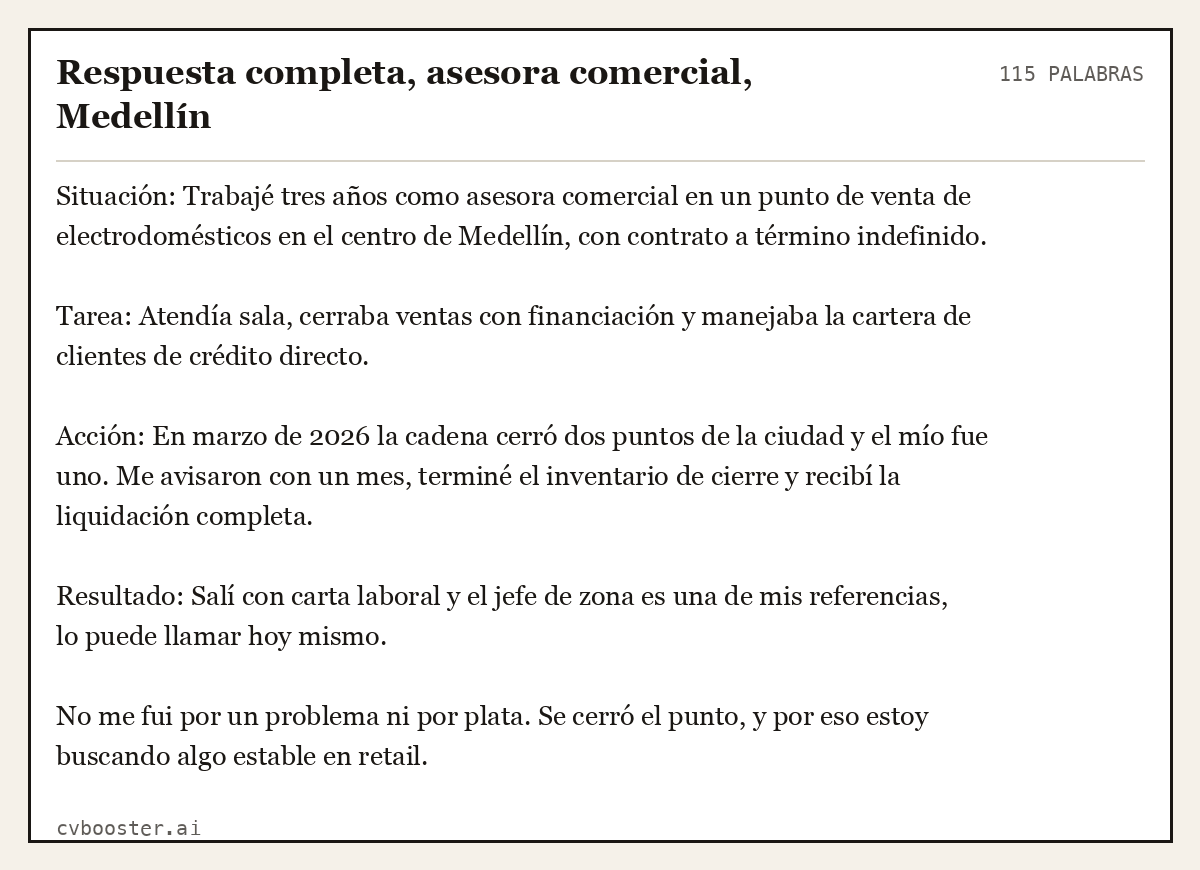 Ejemplo completo: Respuesta completa, asesora comercial, Medellín, 115 palabras