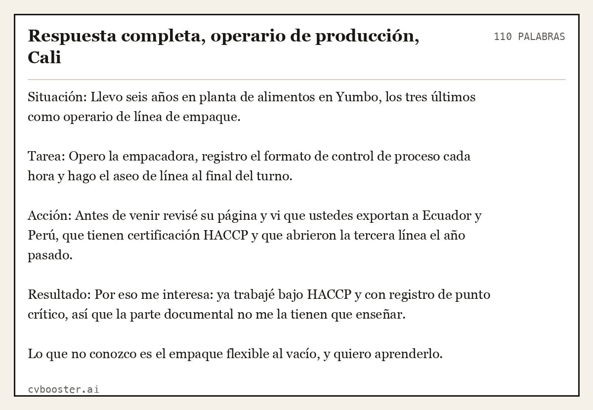 Ejemplo completo: Respuesta completa, operario de producción, Cali, 110 palabras