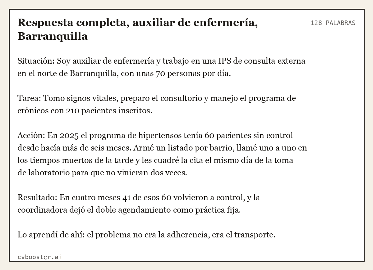 Ejemplo completo: Respuesta completa, auxiliar de enfermería, Barranquilla, 128 palabras