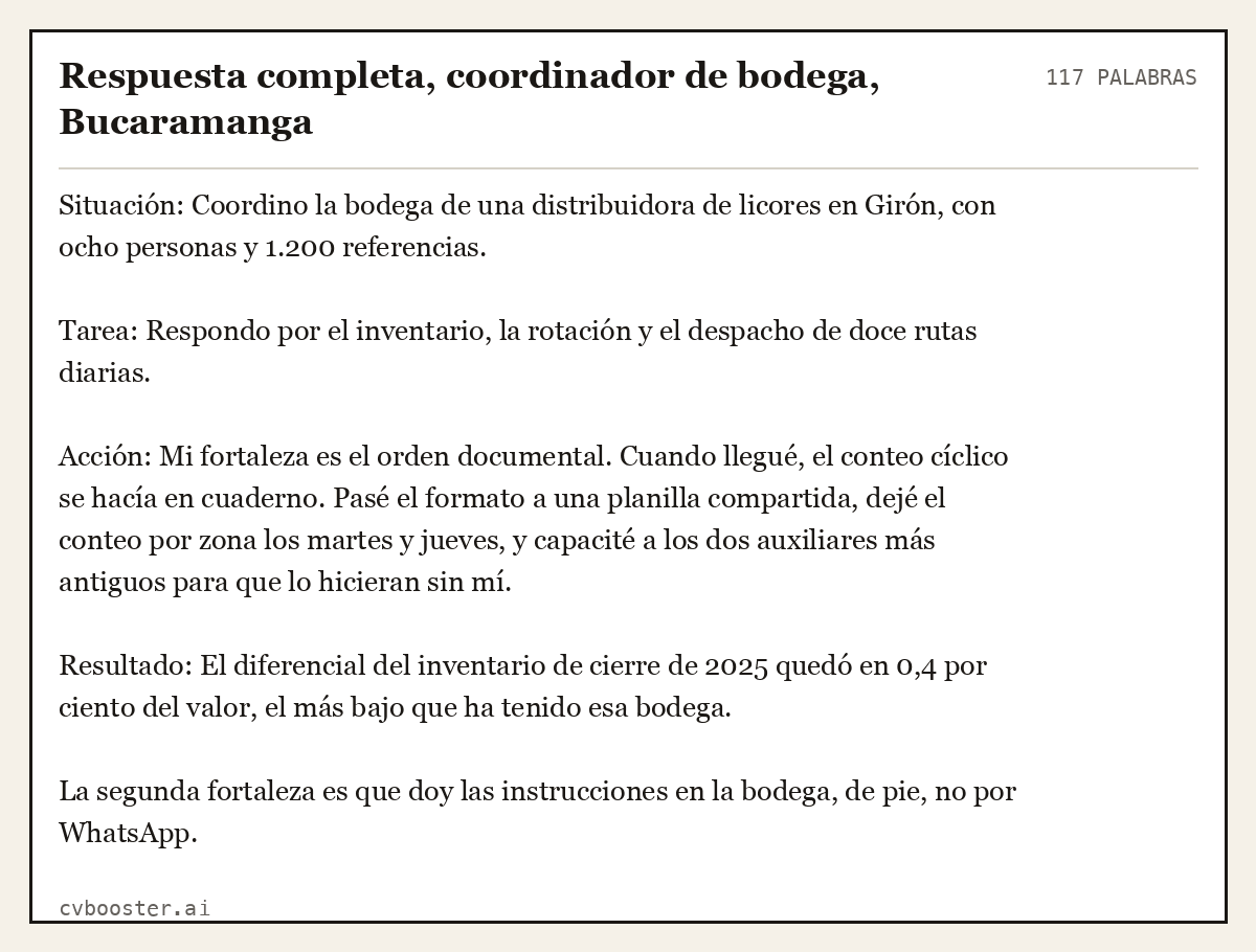 Ejemplo completo: Respuesta completa, coordinador de bodega, Bucaramanga, 117 palabras