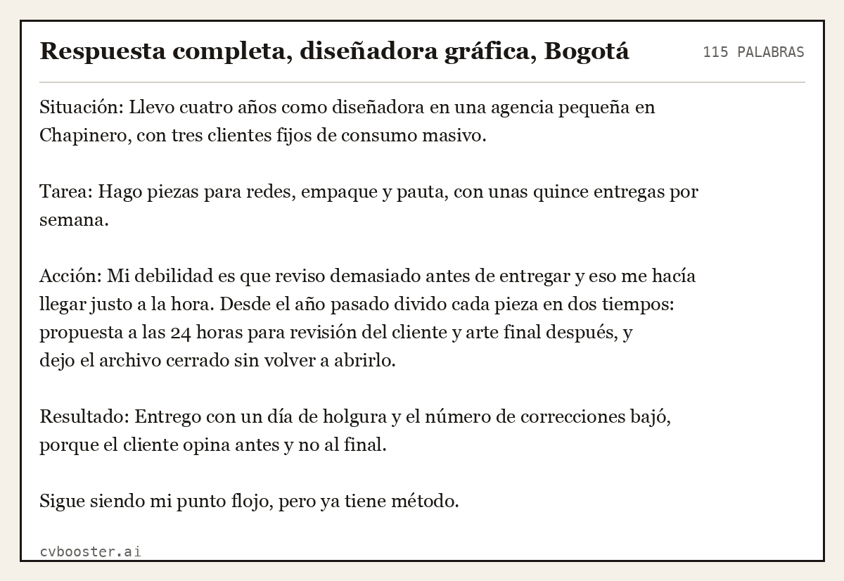 Ejemplo completo: Respuesta completa, diseñadora gráfica, Bogotá, 115 palabras