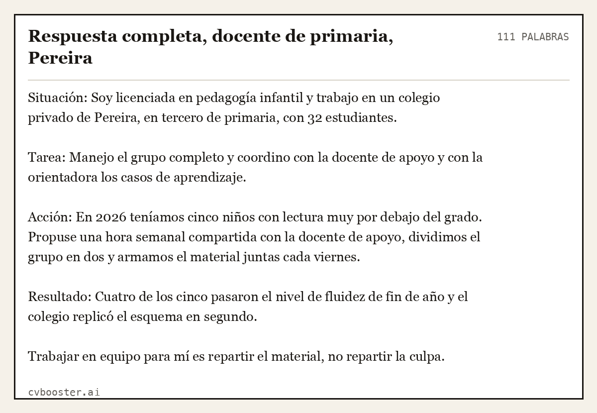 Ejemplo completo: Respuesta completa, docente de primaria, Pereira, 111 palabras
