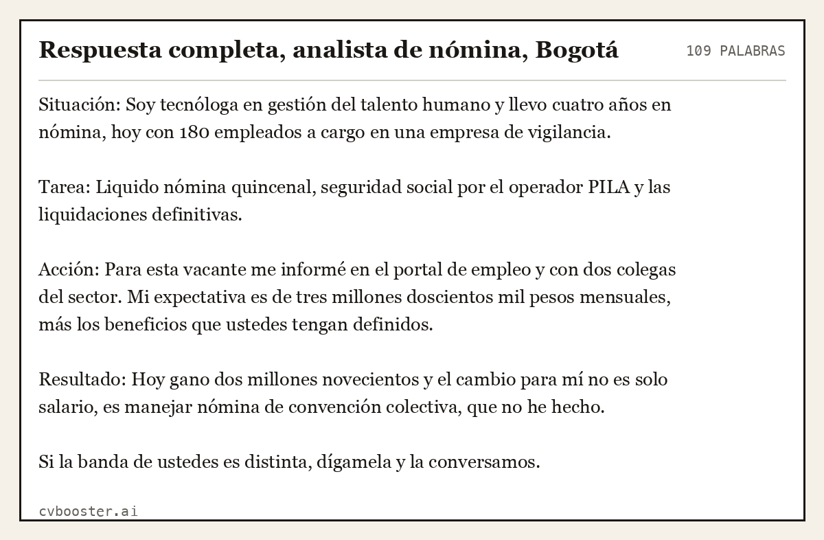 Ejemplo completo: Respuesta completa, analista de nómina, Bogotá, 109 palabras