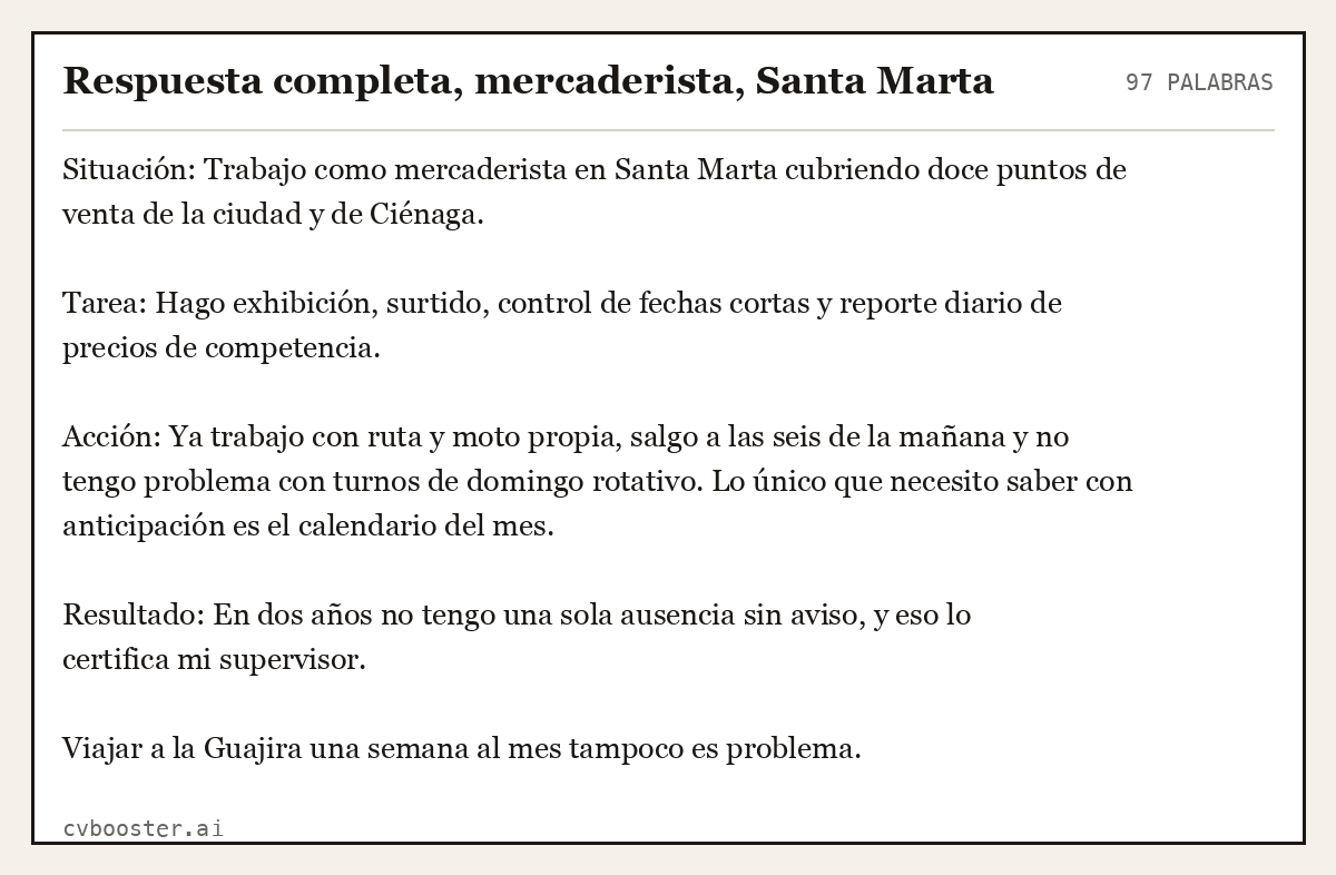 Ejemplo completo: Respuesta completa, mercaderista, Santa Marta, 97 palabras