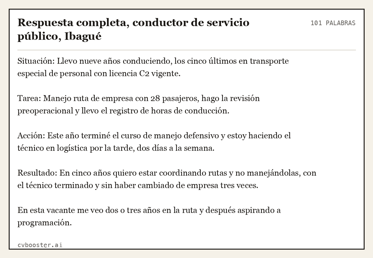 Ejemplo completo: Respuesta completa, conductor de servicio público, Ibagué, 101 palabras