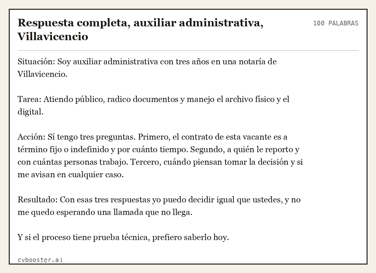 Ejemplo completo: Respuesta completa, auxiliar administrativa, Villavicencio, 100 palabras