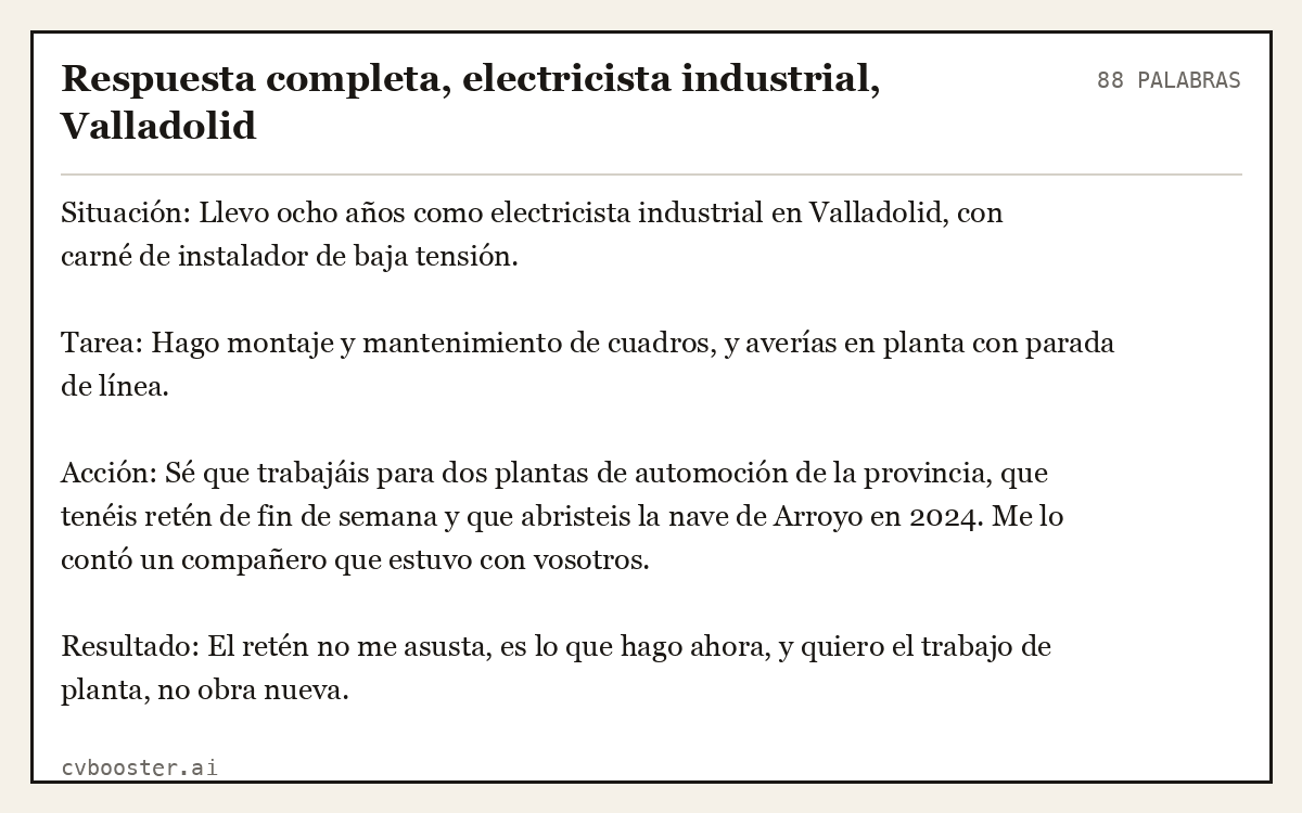 Ejemplo completo: Respuesta completa, electricista industrial, Valladolid, 88 palabras