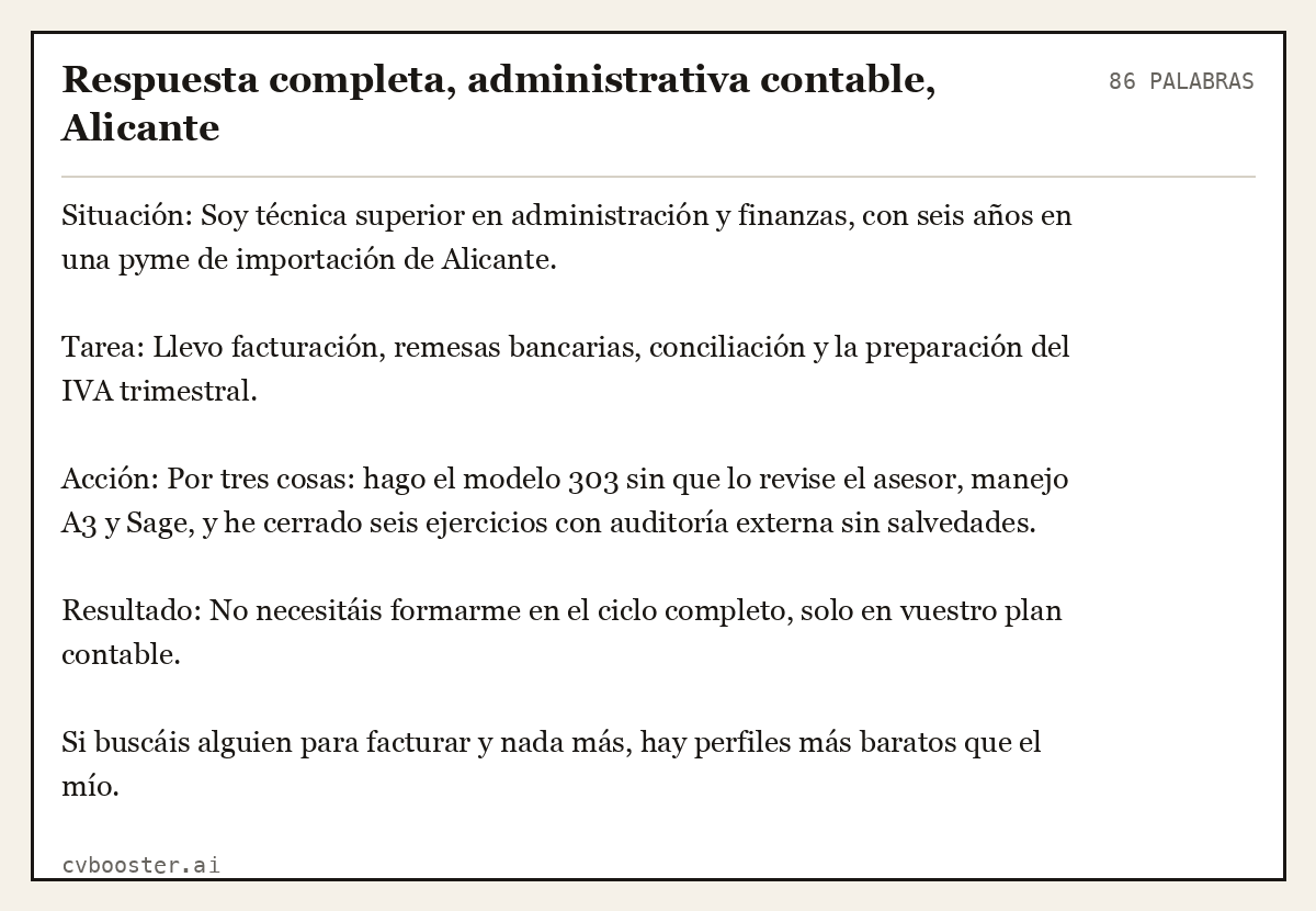 Ejemplo completo: Respuesta completa, administrativa contable, Alicante, 86 palabras
