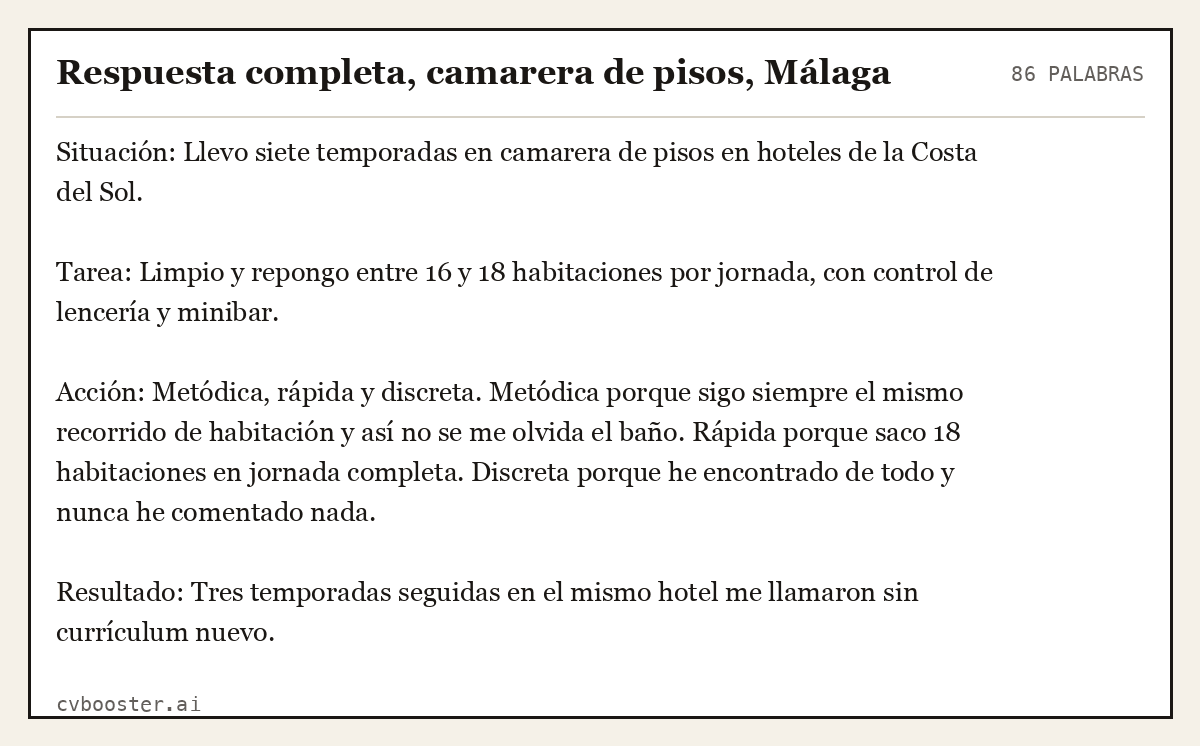 Ejemplo completo: Respuesta completa, camarera de pisos, Málaga, 86 palabras