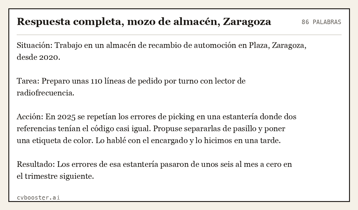 Ejemplo completo: Respuesta completa, mozo de almacén, Zaragoza, 86 palabras