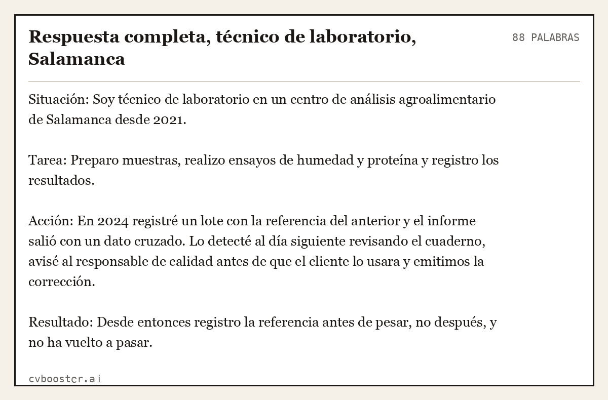 Ejemplo completo: Respuesta completa, técnico de laboratorio, Salamanca, 88 palabras
