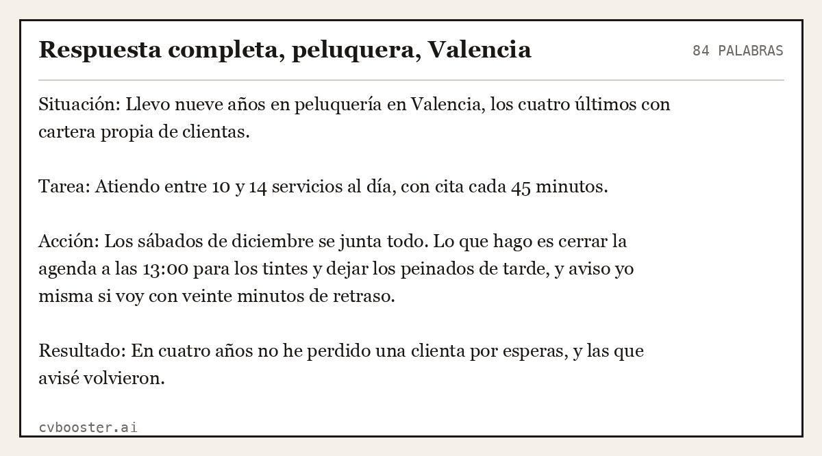 Ejemplo completo: Respuesta completa, peluquera, Valencia, 84 palabras