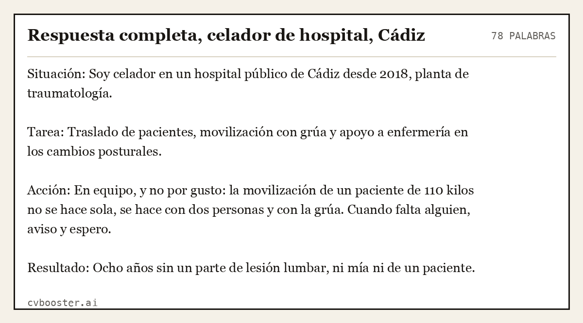 Ejemplo completo: Respuesta completa, celador de hospital, Cádiz, 78 palabras