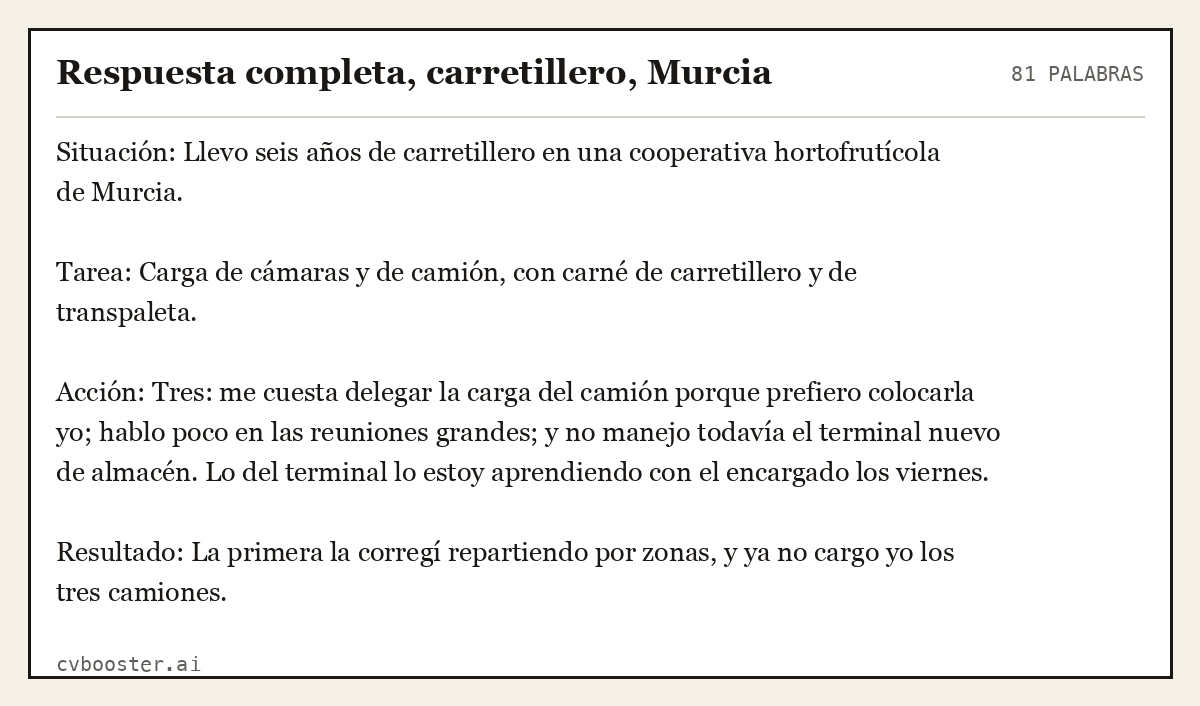 Ejemplo completo: Respuesta completa, carretillero, Murcia, 81 palabras