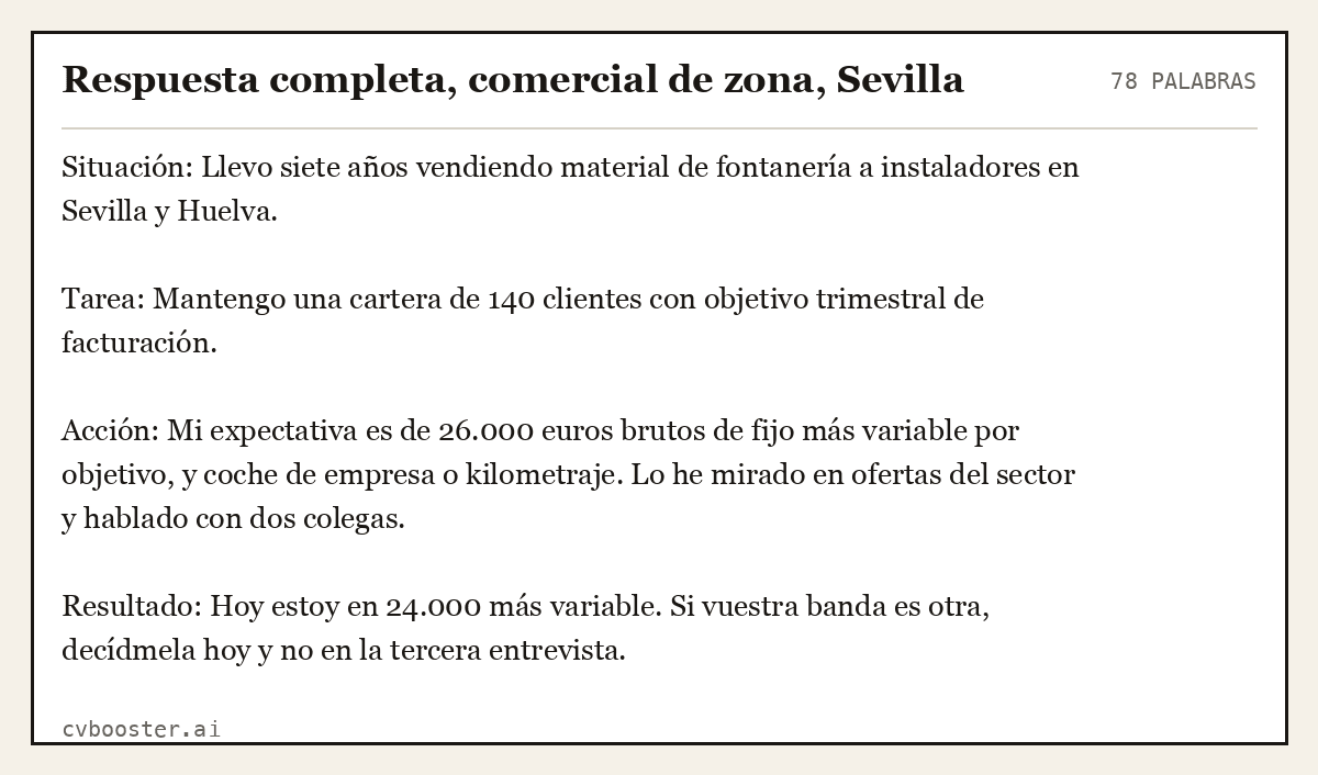 Ejemplo completo: Respuesta completa, comercial de zona, Sevilla, 78 palabras