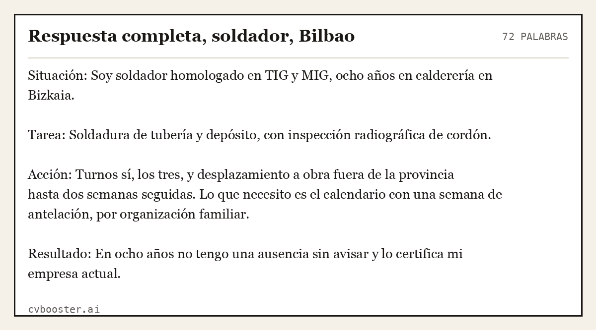 Ejemplo completo: Respuesta completa, soldador, Bilbao, 72 palabras