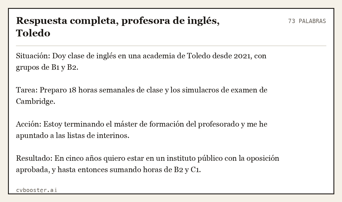Ejemplo completo: Respuesta completa, profesora de inglés, Toledo, 73 palabras