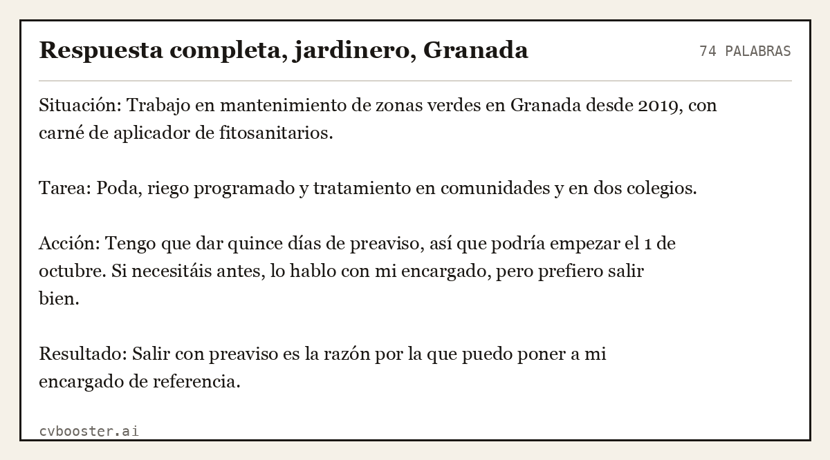 Ejemplo completo: Respuesta completa, jardinero, Granada, 74 palabras