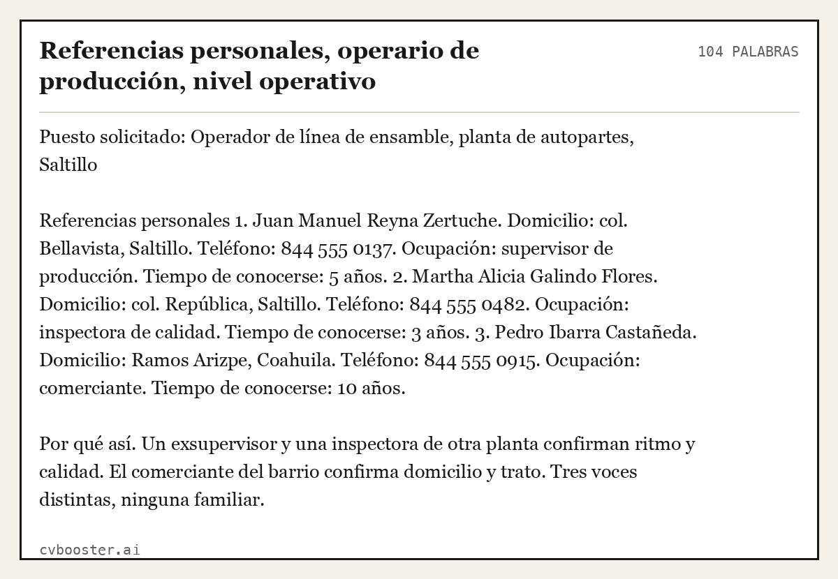 Ejemplo completo: Referencias personales, operario de producción, nivel operativo, 104 palabras