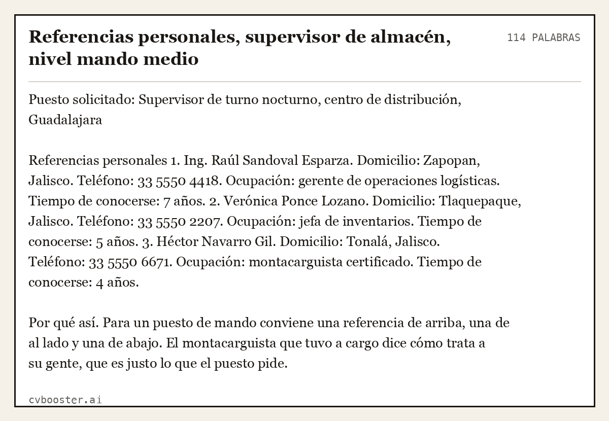 Ejemplo completo: Referencias personales, supervisor de almacén, nivel mando medio, 114 palabras