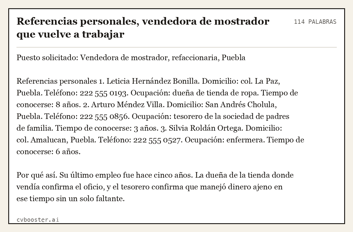 Ejemplo completo: Referencias personales, vendedora de mostrador que vuelve a trabajar, 114 palabras