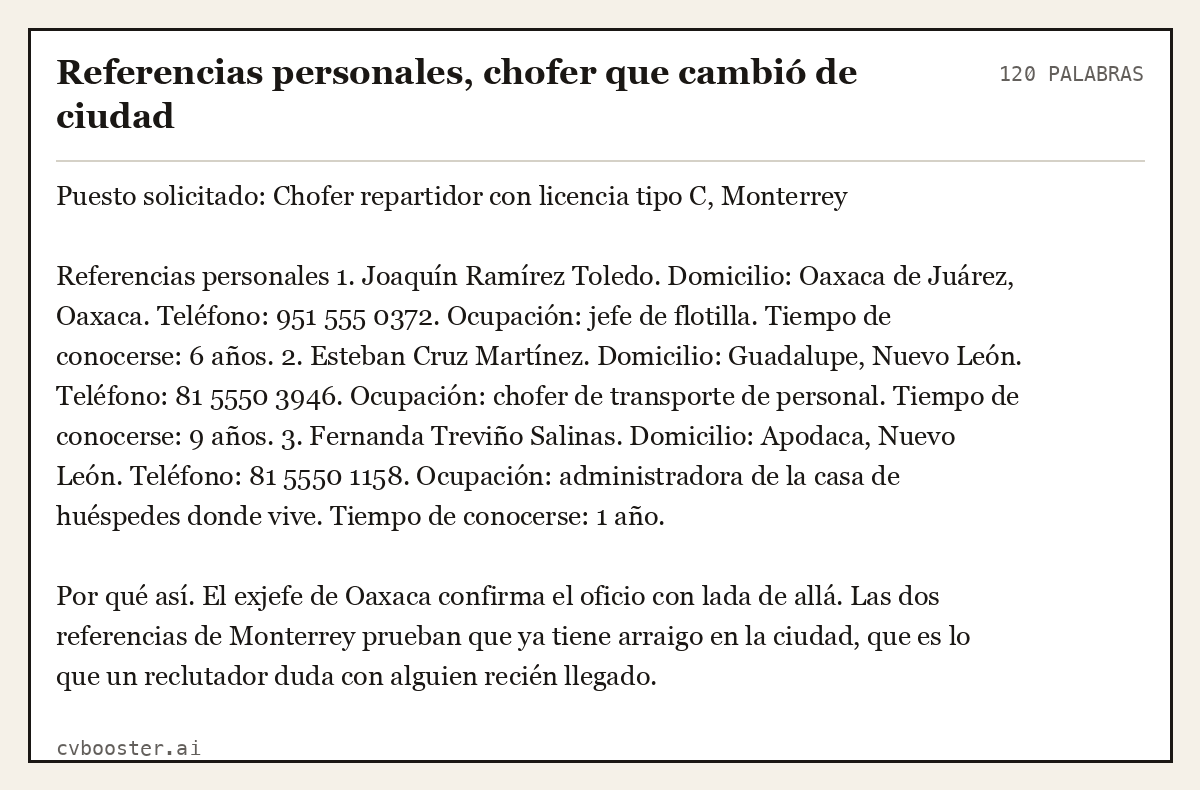Ejemplo completo: Referencias personales, chofer que cambió de ciudad, 120 palabras