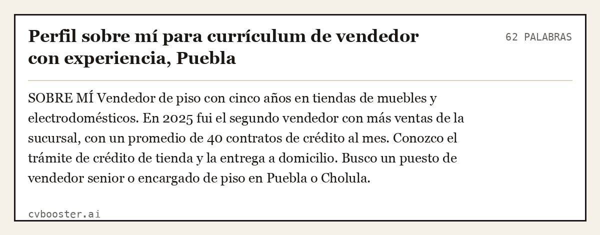 Ejemplo completo: Perfil sobre mí para currículum de vendedor con experiencia, Puebla, 62 palabras