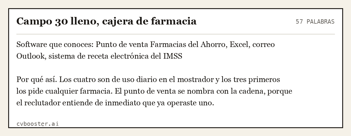 Ejemplo completo: Campo 30 lleno, cajera de farmacia, 57 palabras