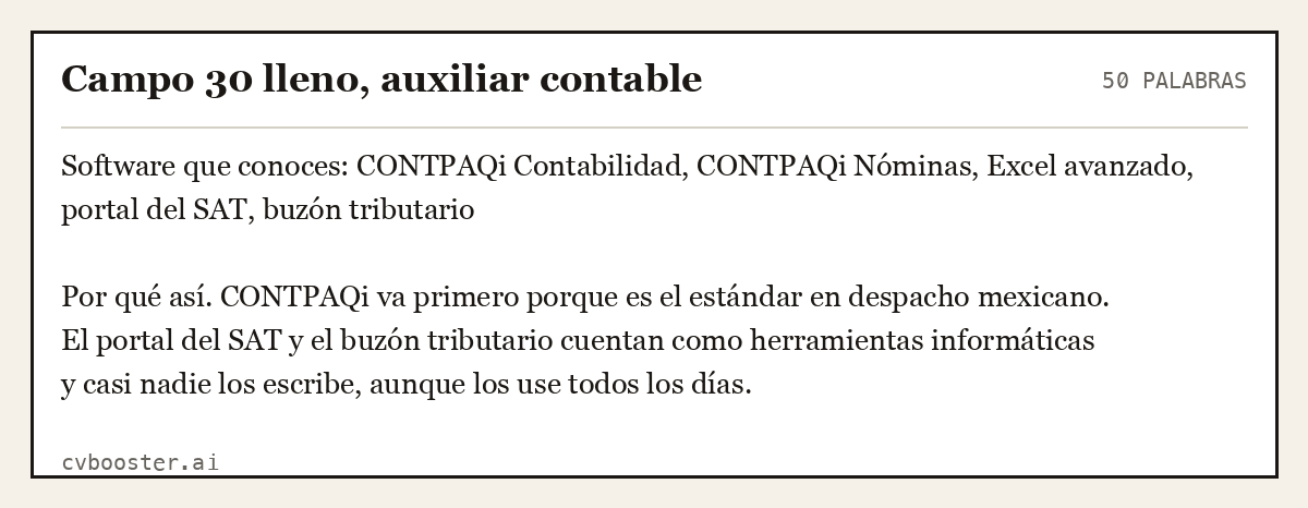 Ejemplo completo: Campo 30 lleno, auxiliar contable, 50 palabras